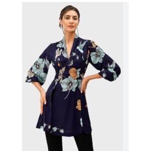 Wayward Fancies Eshakti Pleated Tunic Top/Dress Sz L Floral Bird Print Tie Back